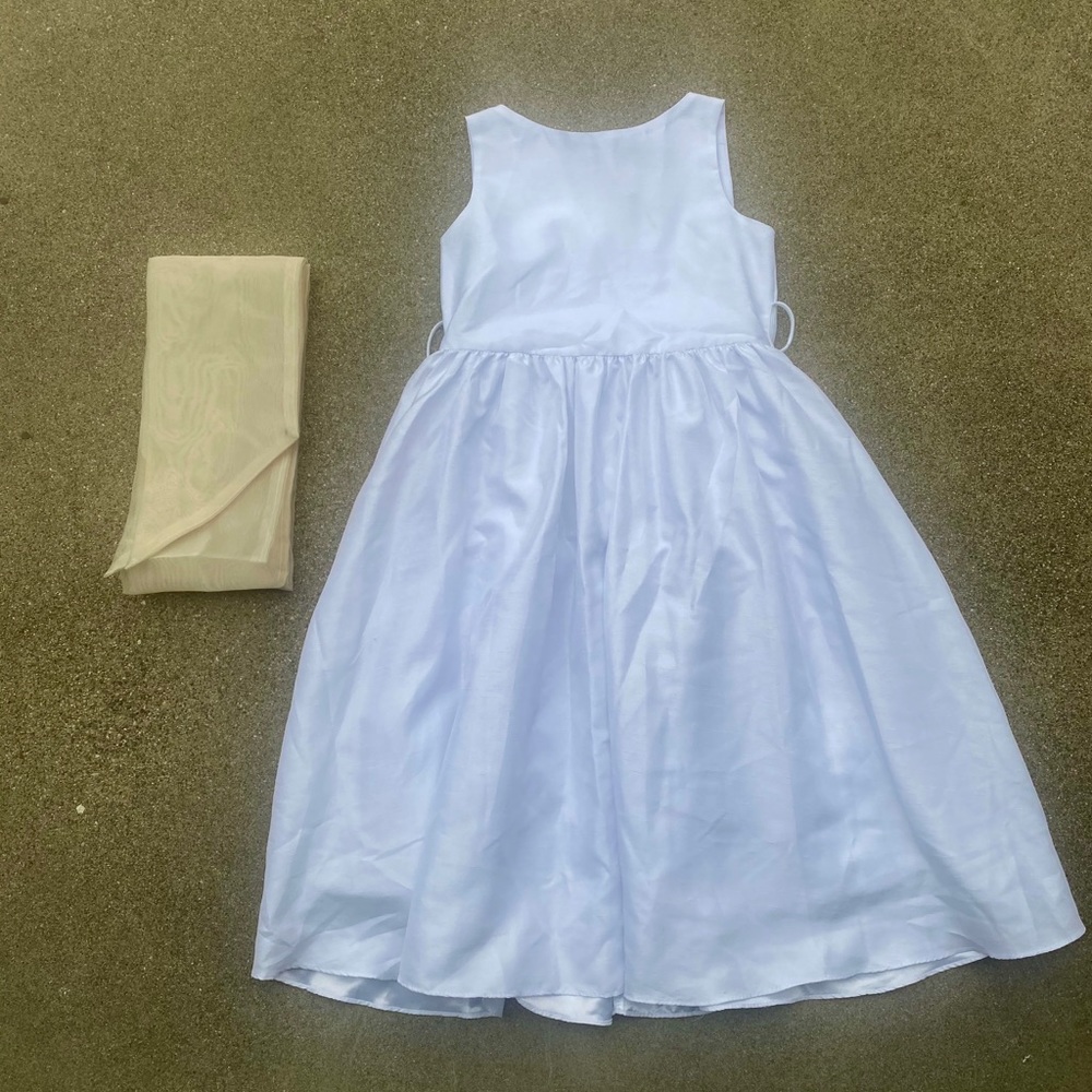 White Kids Dress with Cream Color Silk Sash